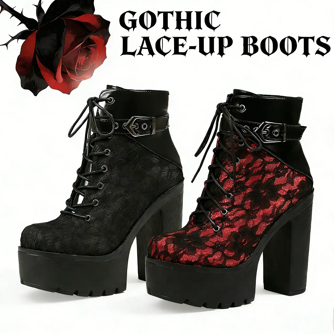 Women's  Gothic Vintage Lace Red High Heel Ankle Boots with Ankle Strap Platform Sole Women Boots Lace Splicing Platform Chunky Heels Gothic Ankle Boots Classic Round Toe Lace up Zipper design Fashionable Footwear cowgirl boots boots for women