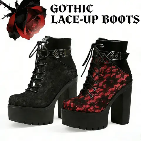 FEMFLAME Pre-Order Women's Fashionable Japanese Gothic Vintage Lace Red High-Heel Ankle Boots - Faux Leather, Ankle Strap, Platform Sole, Block Heel, Round Toe, Lace-Up Zipper, Alternative Style, Cute Shoes for Women, Party Footwear