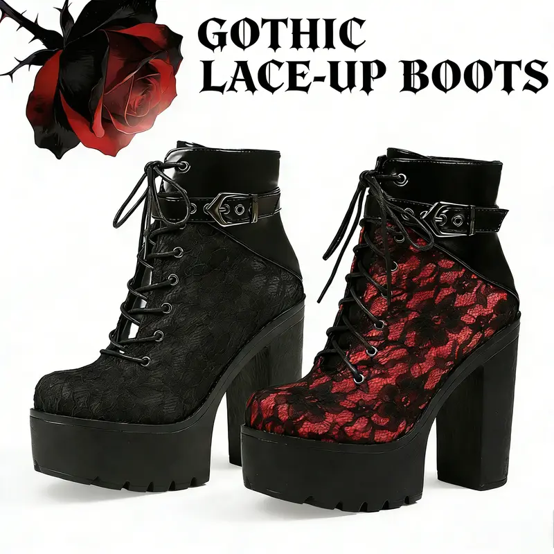 FEMFLAME Pre-Order Women's Fashionable Japanese Gothic Vintage Lace Red High-Heel Ankle Boots - Faux Leather, Ankle Strap, Platform Sole, Block Heel, Round Toe, Lace-Up Zipper, Alternative Style, Cute Shoes for Women, Party Footwear