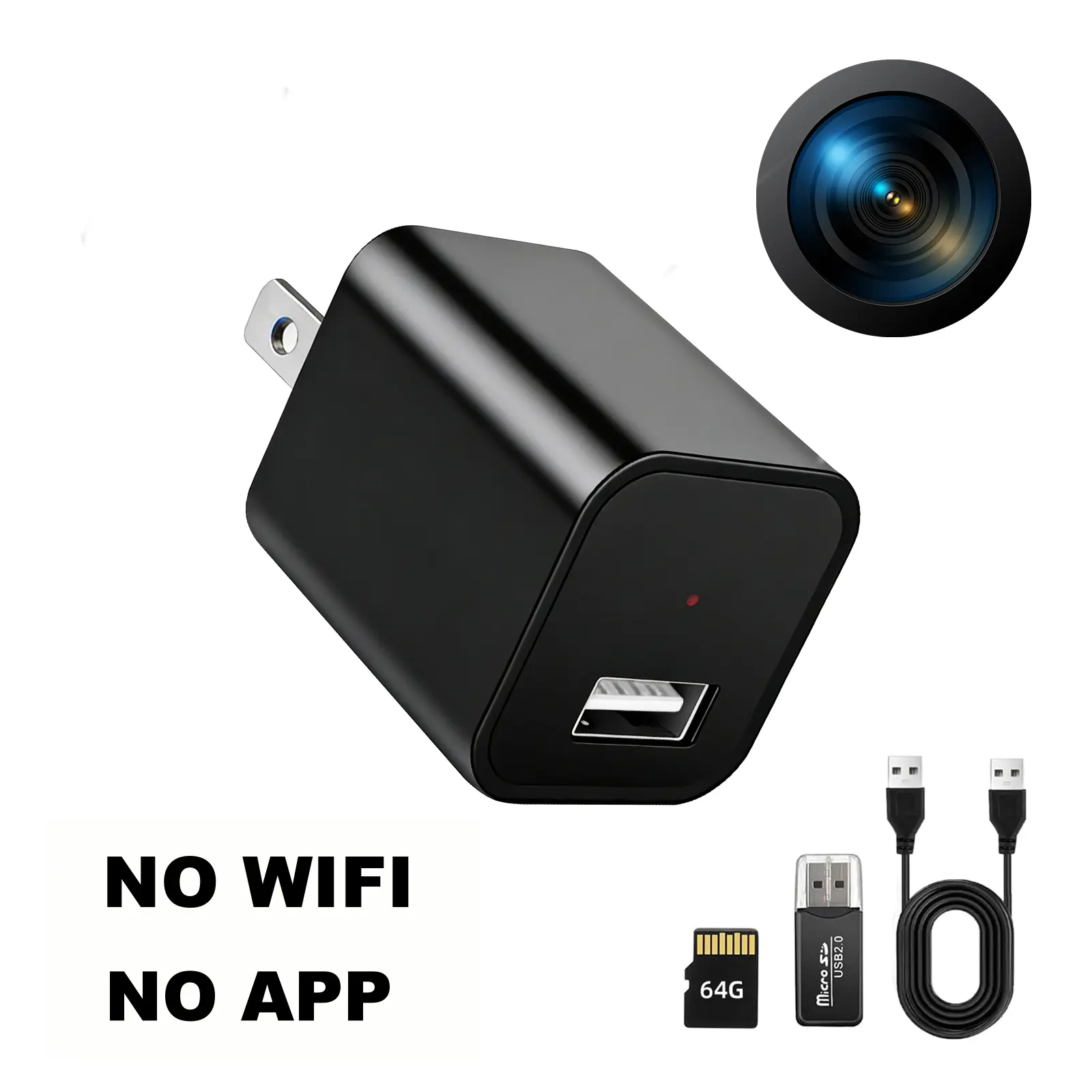 Mini portable charger camera for security monitoring, 1080P, built-in 64GB SD card, night vision, motion detection, supports up to 256GB SD card (no WiFi, no app needed)