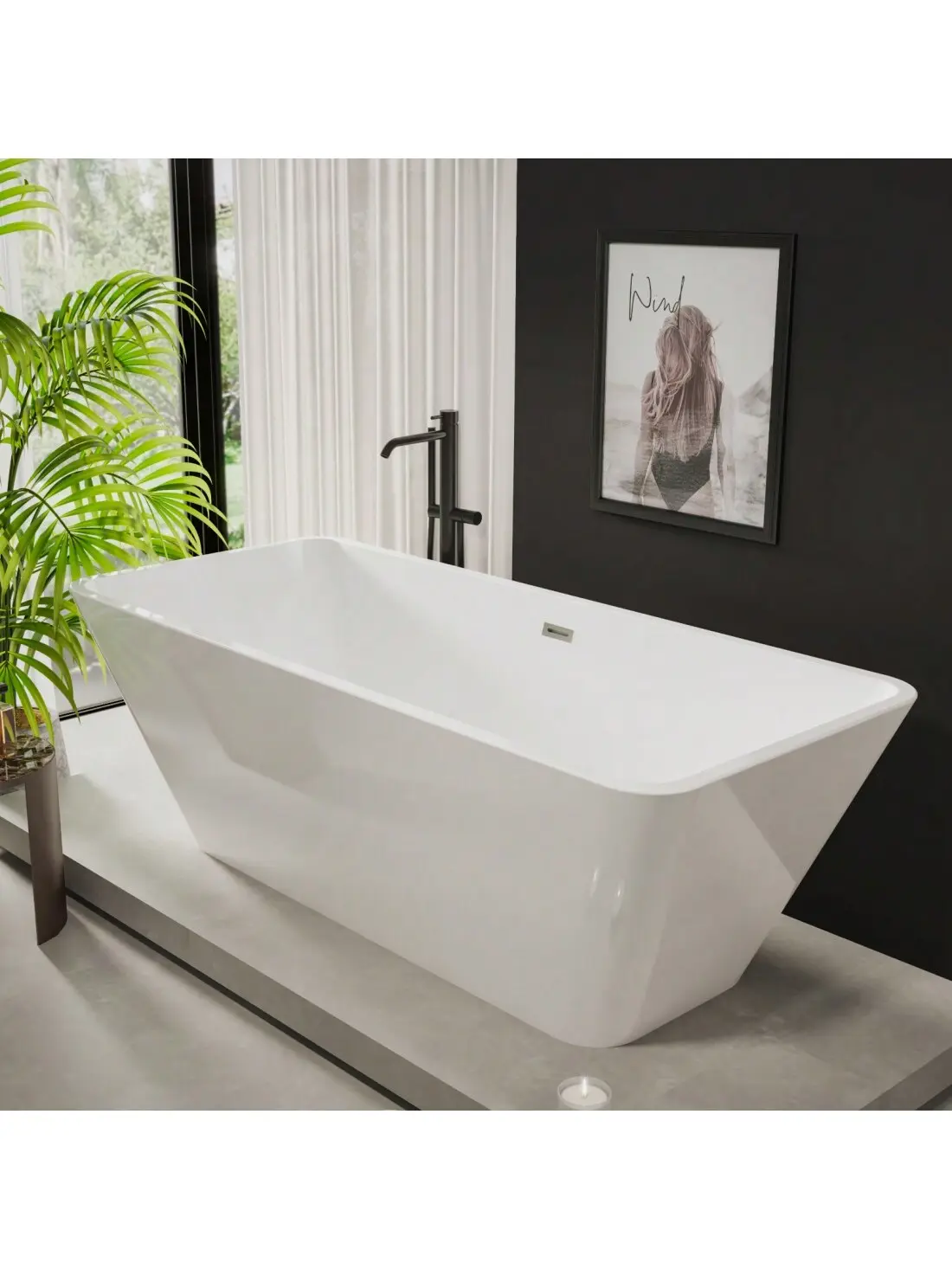 【Christmas Gift】Acrylic Freestanding Soaking Bathtub, 59in/66in Contemporary Square Tub with Chrome Drain, Minimalist Linear Overflow, Adjustable Leveling Ft, Double-Walled Design, Flexible Drain Hose, Easy Installation, CUPC Certified, Glossy White, 59 I