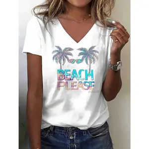 V-Neck T-Shirt With Standard Size Palm Beach Please Graphic Tee Suitable For Daily Life, Going Out, Leisure, And The Best Choice To Give To Friends And Family
