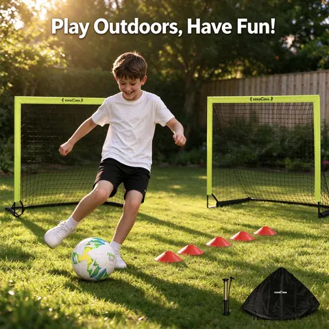 VavaCava 4'x3' Size Portable Soccer Goals Set for Backyard Fun, 2 Nets, 2 Size 3 Balls, 10 Marker Cones, Pump Carry Bag and Cute Keychain, Outdoor Games for Backyard, Beach, Lawn, Soccer Training Equipment