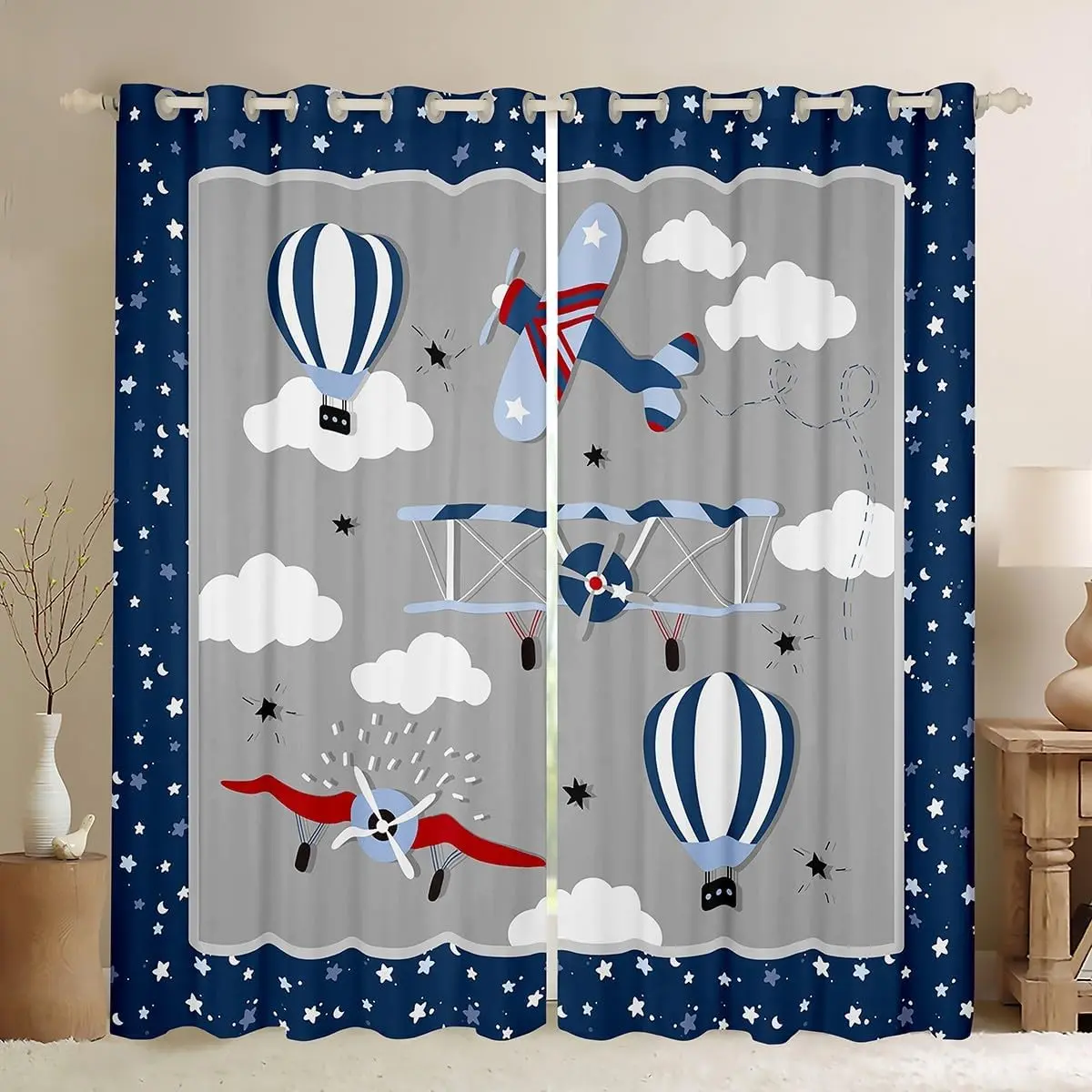 Kids Cartoon Airplane Window Curtain Navy Stripes Hot Air Balloon Aircraft Curtains Room Decor Cloud Starry Moon Blackout Window Treatment Chic Grey Window Drapes,Top Panel