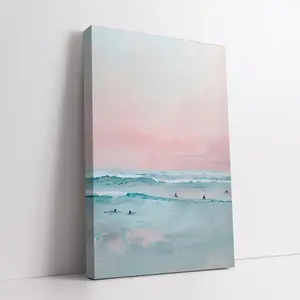 Pastel Ocean Art, Beach Sunset Print, Minimalist Seascape Painting, Coastal Decor, Soft Pink Sky Artwork, Calm Sea Poster, Modern Aesthetic Decor wooden frame canvas print wall