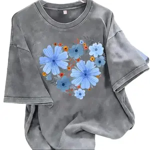 Men's Floral Heart Washed Black Cotton Tee - Loose, Casual Fabric, Fits Cargo Pants