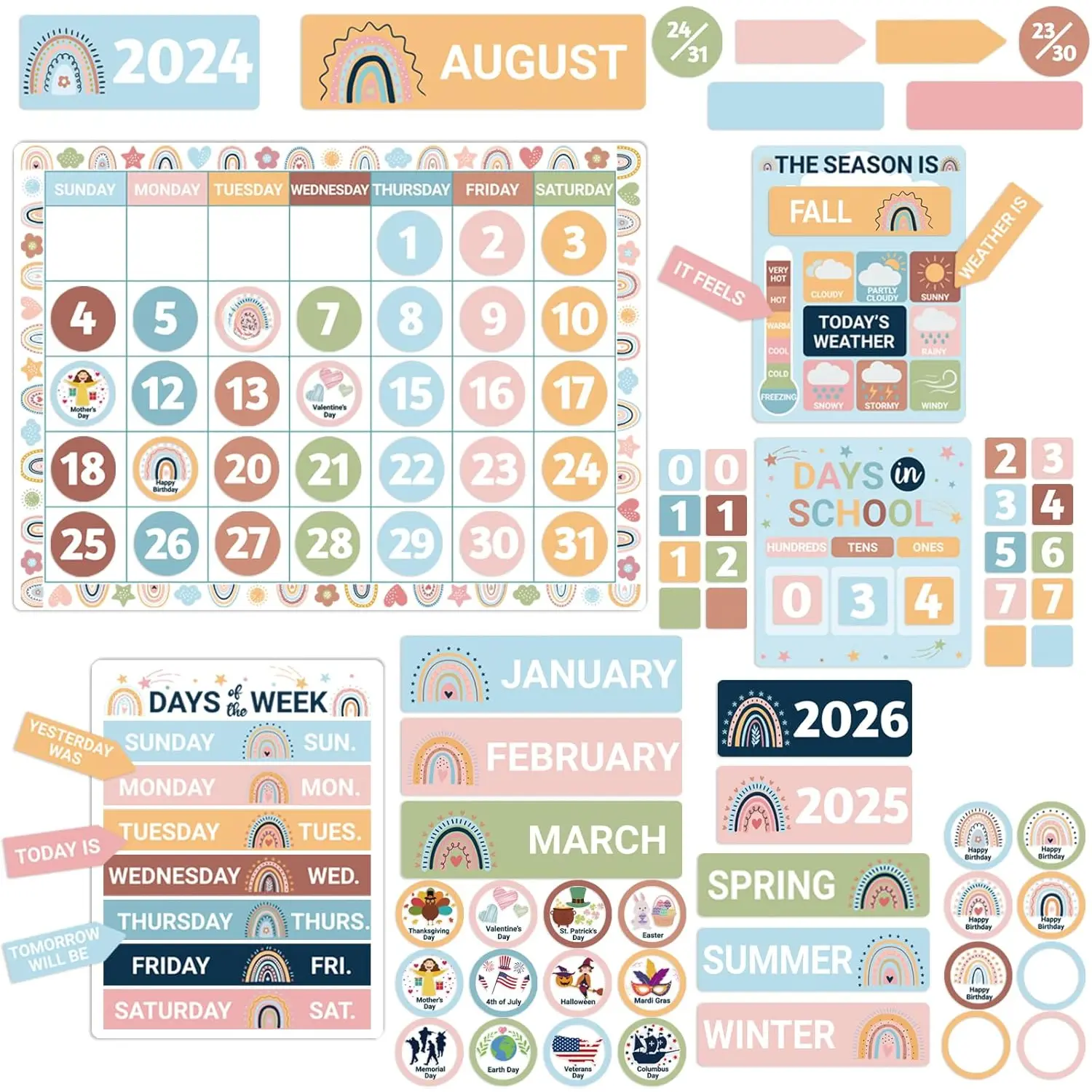 132 count Boho Rainbow Bulletin Boards Calendar for Classroom Wall Decor, with Days of The Week, Days in School, Weather Season Chart, Holiday & Birthday Cards,  to School Decoration