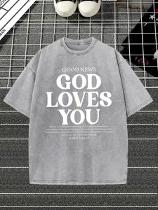 Vintage Batik T-Shirt with "God Loves You" Print - Short Sleeve Round Neck Casual Loose Fit Tee, H-Line Top for Christmas Gift, Washed Soft Style (Machine Washable) - Perfect for all-Season Wear & Thanksgiving/Christmas Outfits
