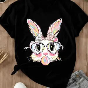 Cute Bunny Rabbit T-Shirt White Colorful Easter Bunny With Heart Glasses And Bubblegum Print For Spring And Holiday Wear