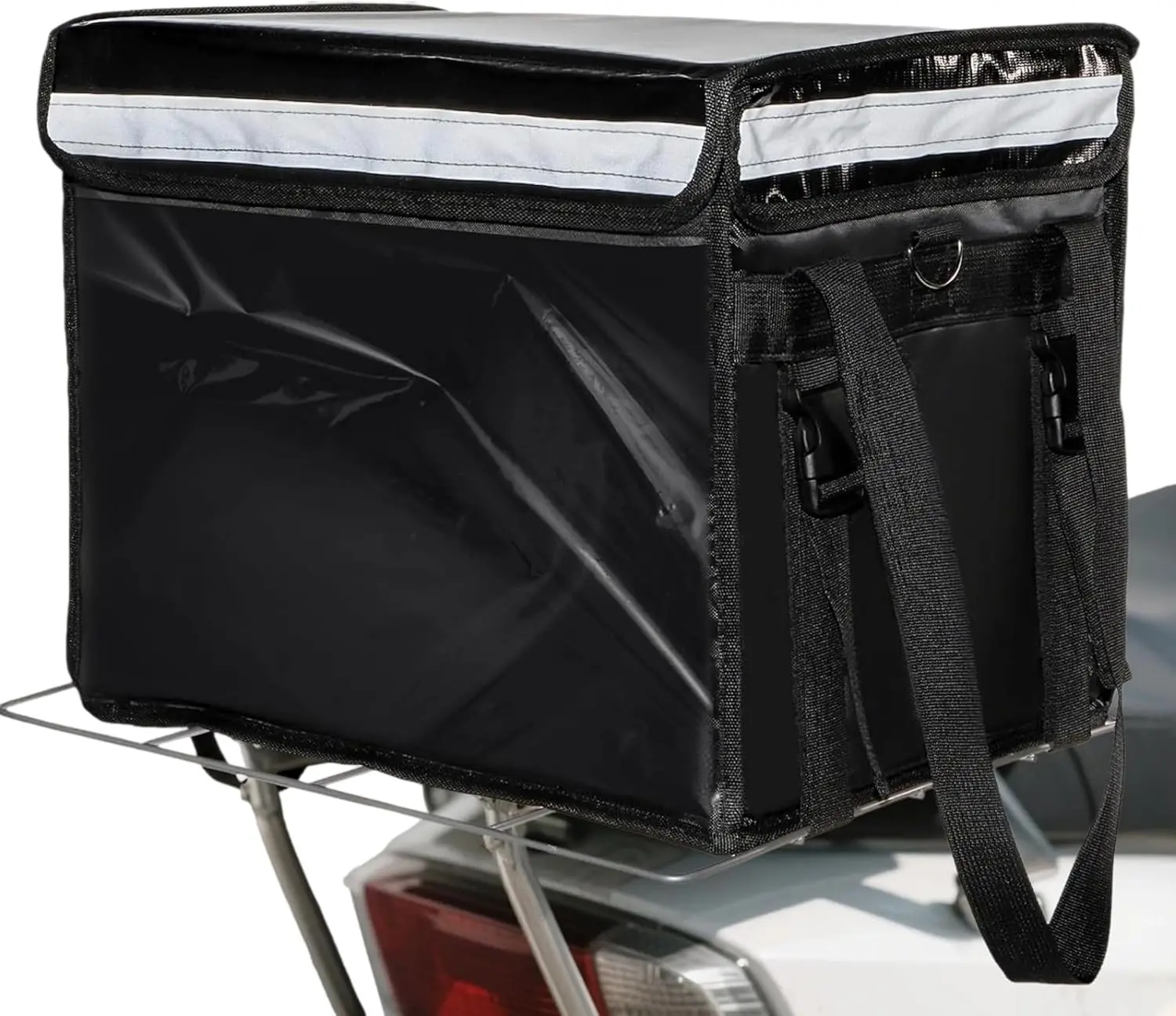 Insulated Food Delivery Bag for Bike, Pizza Delivery Bag with Divider and Rear Rack, Waterproof Thermal Catering Bag for Scooter, Motorcycle, 17.3"x12.6"x13.4", 48L Fit 12'' Pizza Box, Foldable