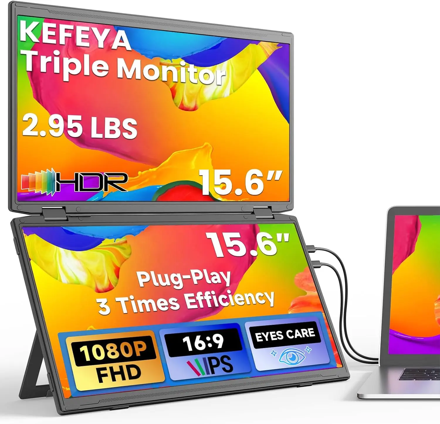 KEFEYA Portable Monitor 15.6", FHD Stacked Foldable Triple Laptop Screen Extender, Blue Filter IPS HDR Monitor, 330° Screen Adjustment, USB-C/HDMI Plug-Play Second Monitor for Mac Windows Work Travel