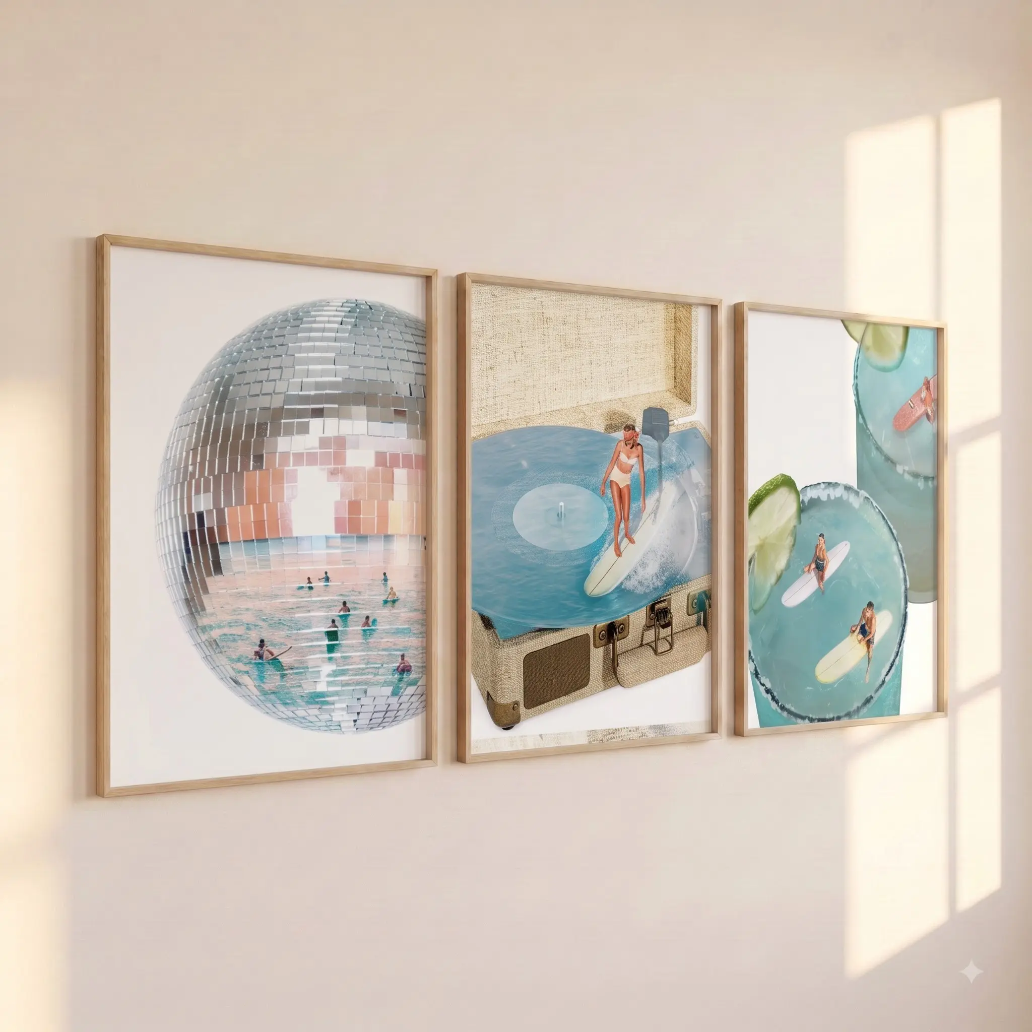 Coastal Groove Blue Set of 3 Poster  Blue Beach Wall Decor  Retro Surf Prints  Disco Coastal Aesthetic
