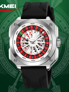 Skmei Rotating Wheel Poker Watch, Trendy Fashion Silicone Strap Quartz Men's Wristwatch, Fashionable Stylish Watch, Square Analog Face, Mineral Glass Dial, All Seasons