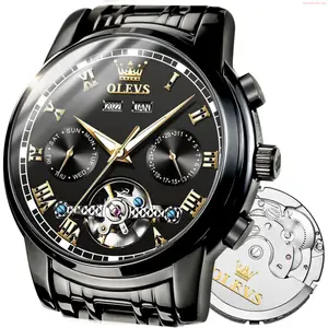 OLEVS Watch OLEVS Automatic Watch(No Battery Required) Men's Wrist Watches Self-Wind Mechanical Watches Fashion Classic Tourbillon Skeleton Watch Black Blue Green Face,Adjustable Bracelet (Gift Tool)