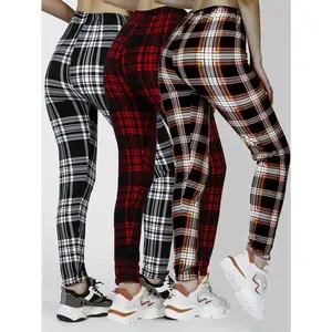 3-Pack Plaid High-Waist Workout Leggings, Casual Skinny Stretch Leggings, Suitable for Daily Wear, Women’s Clothing