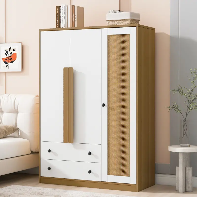 3-Doors Wooden Rattan Wardrobe Storage for Bedroom with 2 Drawers White+Nature