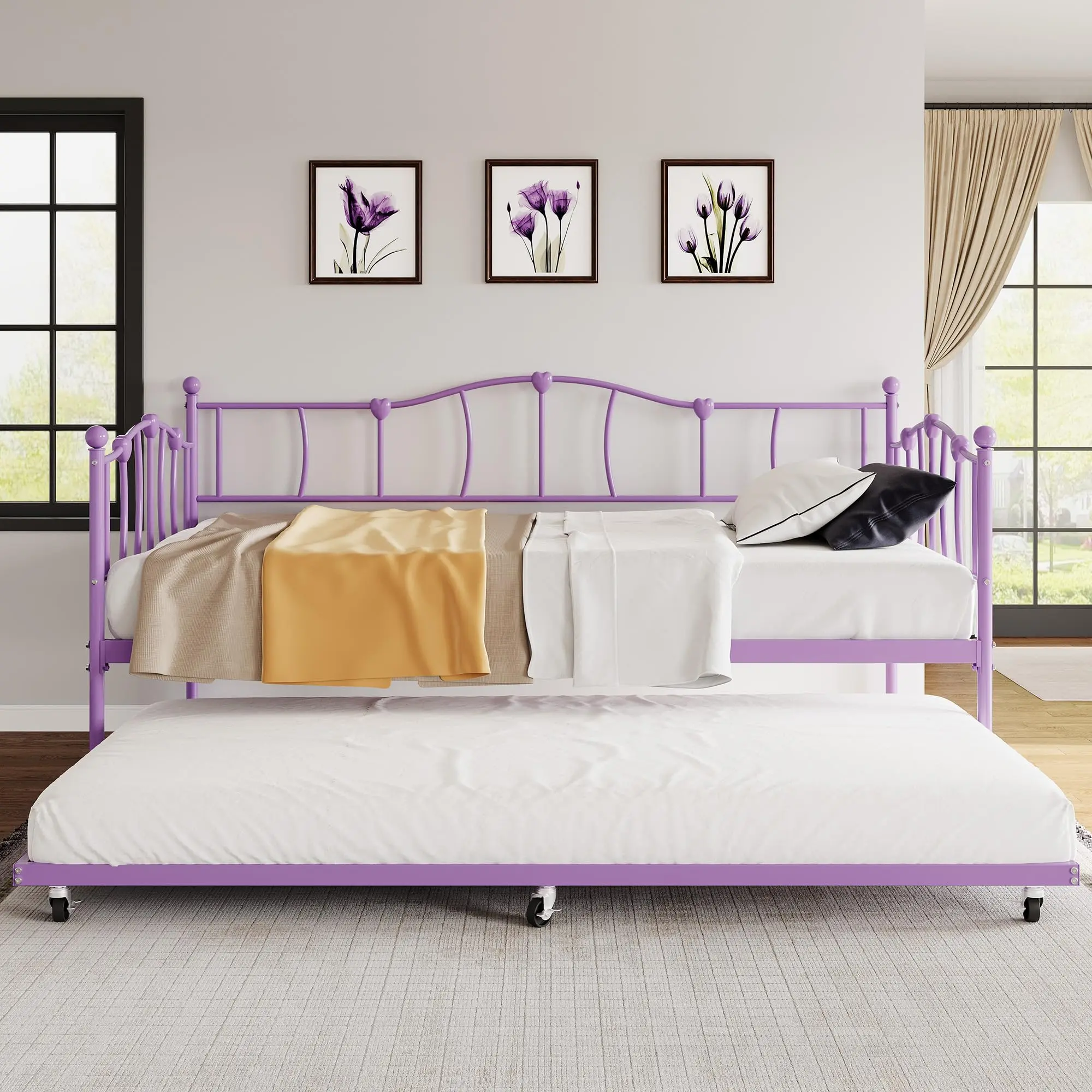 【GARVEE】Sofa Bed with Trundle, Height Adjustable Twin Daybed, Heavy Duty Metal Slats Support Multifunctional Bed, Daybed with Pull Out Trundle,  for Bedroom, Living Room, Guest Room (Twin)