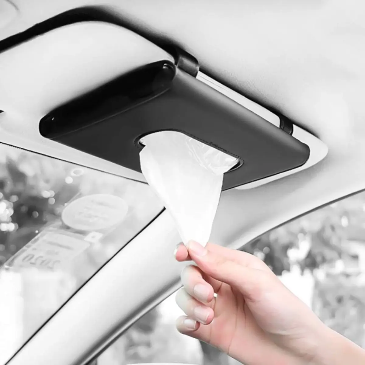 Multi-Functional Leather Car Tissue Holder - Magic Tape Space-Saving Overhead/Visor Organizer, Sleek and Fashionable Design, Precise Stitching, Smooth Velvet Interior, Ergonomic Build, Easy-Install Automotive Stowing & Tidying Accessory