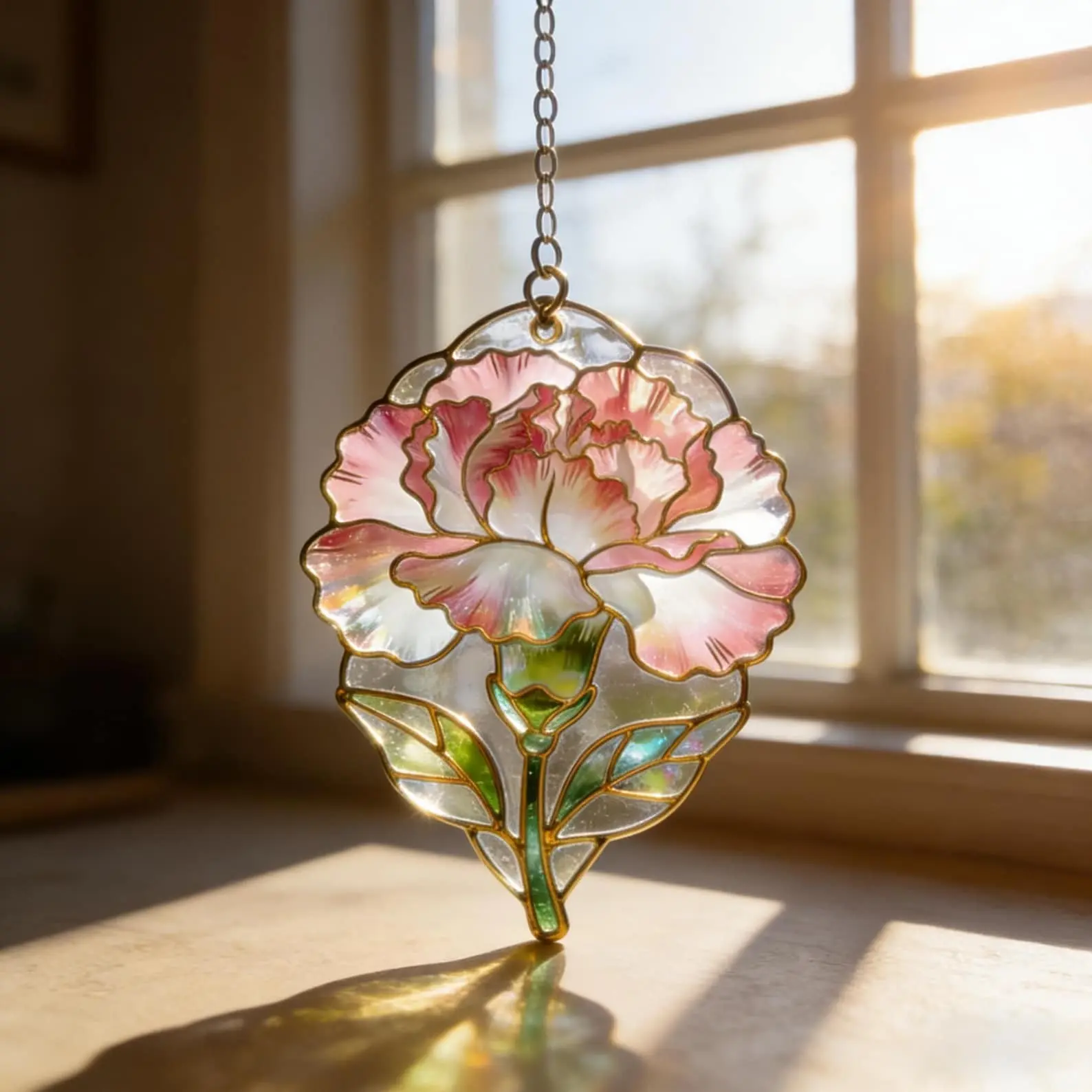 Cottagecore Pink Carnation Stained Glass Suncatcher Handmade Floral Window Hanging, Iridescent Spring Garden Light Catcher Decor, Unique Mother's Day Gift for Her & Hostess