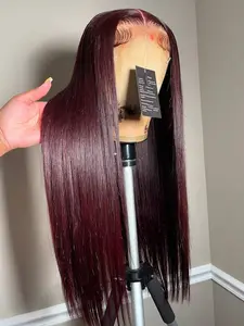 Wear And Go 99J Burgundy 5x5 Straight HD Transparent Lace Closure Wigs Glueless Human Hair Silky Straigt Brazilian Virgin Human Hair 150% Density Wigs Human Hair Lace Frontal Wig
