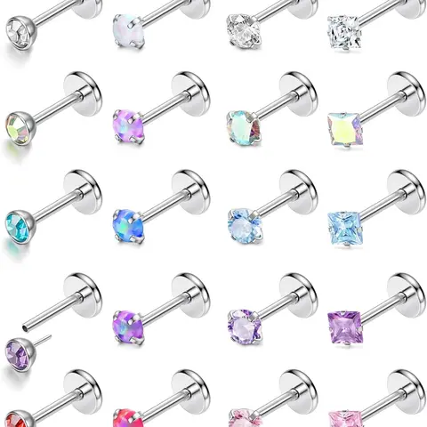 20pcs Flat Back Nose Studs Set in Surgical Steel, Hypoallergenic Threadless Tragus Earrings, Push in Flatback Cartilage Labret for All Seasons, Nose Piercing Jewelry, Flat Pierced Jewelry, Body Piercing Jewelry, Piercings Jewelry