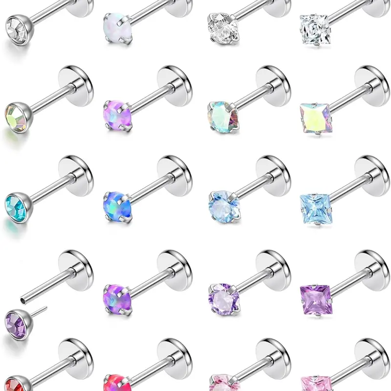 20pcs Flat Back Nose Studs Set in Surgical Steel, Hypoallergenic Threadless Tragus Earrings, Push in Flatback Cartilage Labret for All Seasons, Nose Piercing Jewelry, Flat Pierced Jewelry, Body Piercing Jewelry, Piercings Jewelry