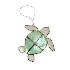 Capiz Shell Turtle Ornament - Aqua And White With Silver Edge