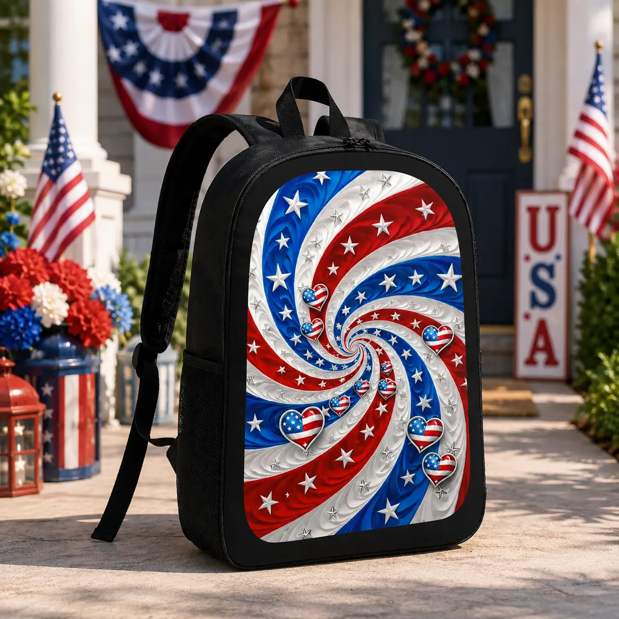 USA Patriotic Backpack, Red White & Blue Stars and Stripes Heart Graphic School Bag, 17 Inch American Flag Travel Daypack for Teens, Students & Adults