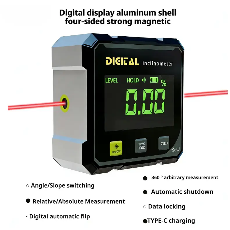 Magnetic Digital Angle Finder with Dual Laser Guide, 360° Magnetic Attachment, Rechargeable Digital Display Angle Gauge, Convenience and Portability Work Tools for Machinery Operators, Woodworking & Construction