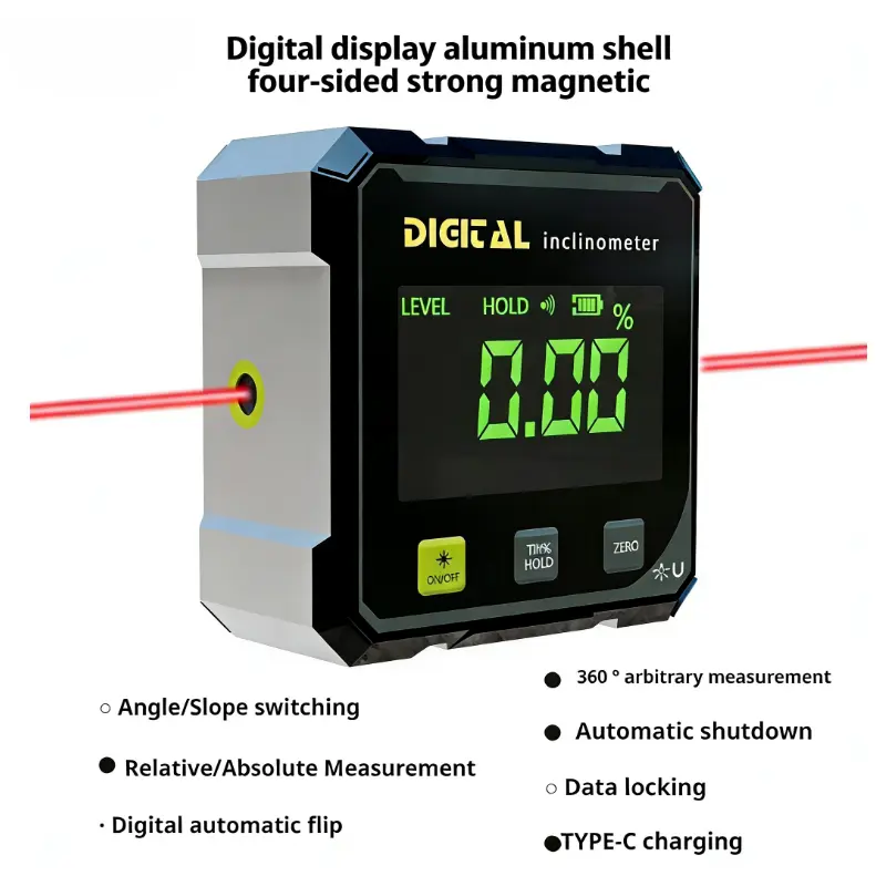 Magnetic Digital Angle Finder with Dual Laser Guide, 360° Magnetic Attachment, Rechargeable Digital Display Angle Gauge, Convenience and Portability Work Tools for Machinery Operators, Woodworking & Construction
