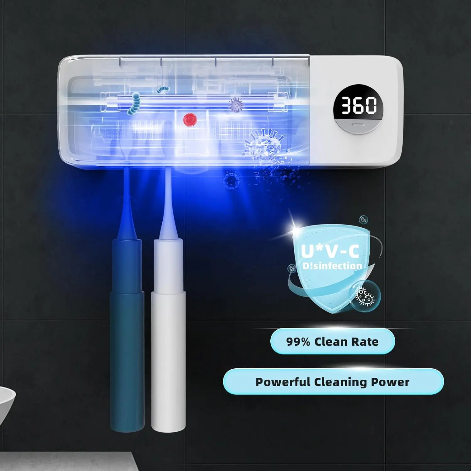 Plastic Functional Toothbrush Holder with Disinfection & Cleanliness, 2000mAh Rechargeable Cordless Wall-Mounted Bathroom Holder, 4 Slots & Timer Function