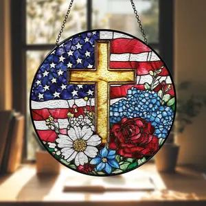 Christian Cross and American Flag Acrylic Suncatcher Patriotic Faith Decor God Bless America Memorial Day Gift Religious Floral Suncatcher