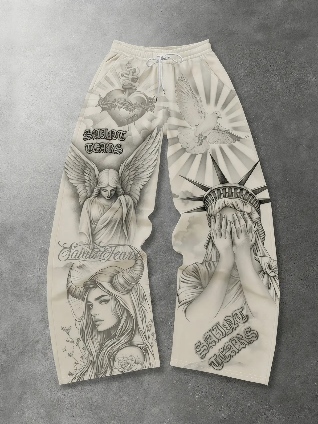 2026 Y2K Aesthetic Saint Tears Style Wide Leg Pants Unisex for Women & Men, Angel Devil Statue of Liberty Tattoo Graphic Print Drawstring Sweatpants, Comfy Loose Fit High Waist Trousers, Casual Streetwear OOTD Staple, Classic Streetwear