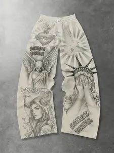 2026 Y2K Aesthetic Saint Tears Style Wide Leg Pants Unisex for Women & Men, Angel Devil Statue of Liberty Tattoo Graphic Print Drawstring Sweatpants, Comfy Loose Fit High Waist Trousers, Casual Streetwear OOTD Staple, Classic Streetwear