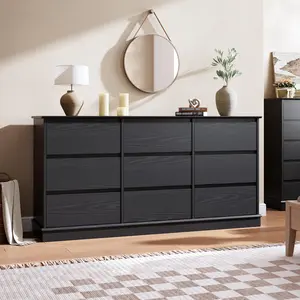 Garvee 9 Drawer Wooden Dresser for Bedroom, Living Room, Hallway, and Closet with Deep, Wide Drawers and Large Top Surface in Black Finish