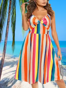 Elegant Chic Cross-Back Bow Dress, Geometric Vertical Pattern, Rainbow Print, Women's Plus Size Halter Neck Fashion Summer Dress