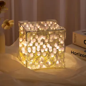 30 Flowers DIY Magic Cube Tulips Flower Table Lamp and Mirror 2 in 1 - Tulip Night Light for Bedroom Decorative Nights Lamp, Ideal Birthday Gift for Women and Girl