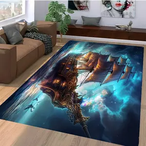 Ghost Pirate Ship At Sea Pattern Rug, Decorative Floor Carpet for Living Room Bedroom Game Room, Mystical Nautical Inspired Home Mat