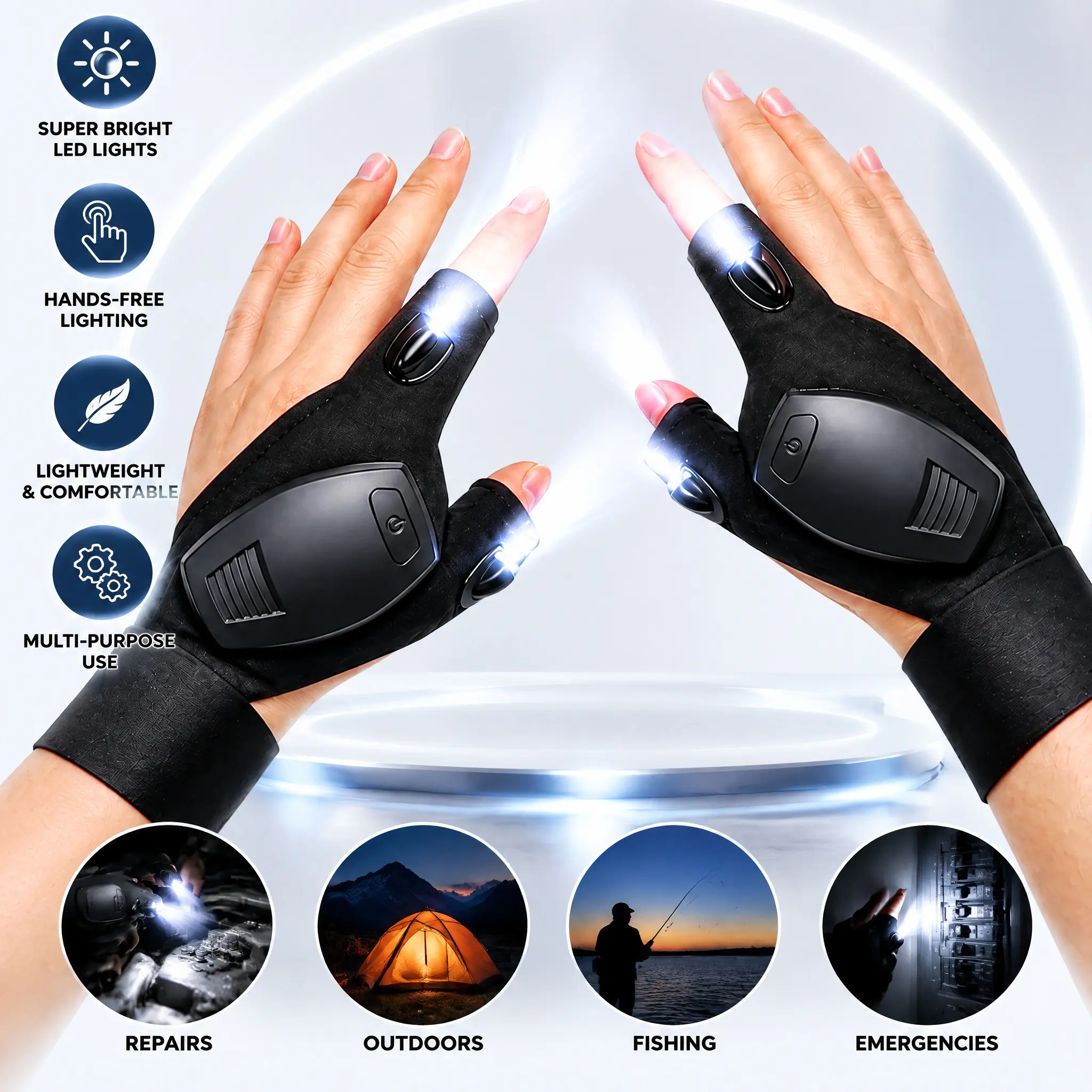 LED Flashlight Gloves for Men, Hands-Free Finger Light Gloves for Night Fishing Camping Hiking Emergency Repair Work, Waterproof Adjustable Outdoor Work Gloves, Cool Gadget Gifts for Men, Stocking Stuffers, Car Repair