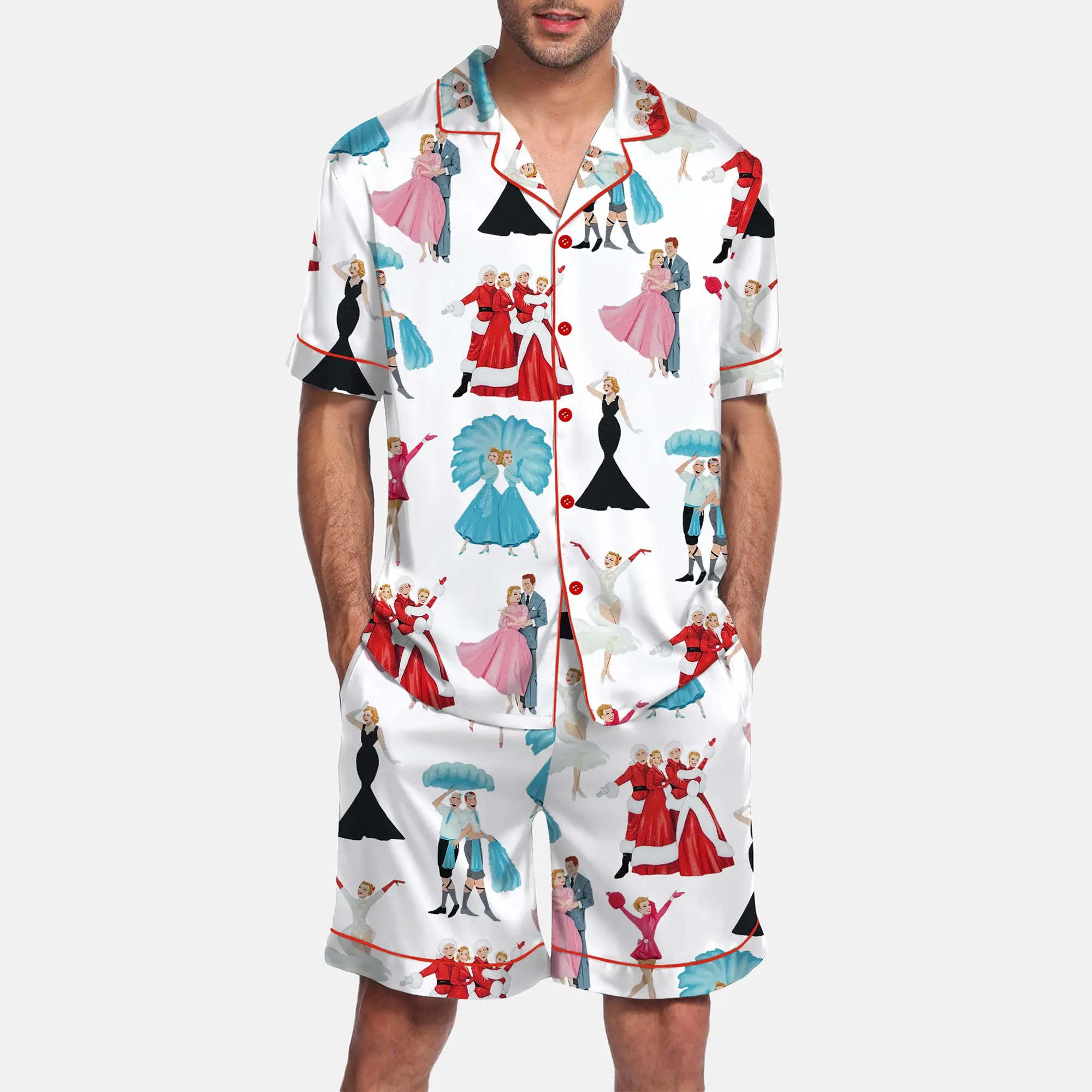 White Christmas Satin Pajama Set For Men - SHESHOW