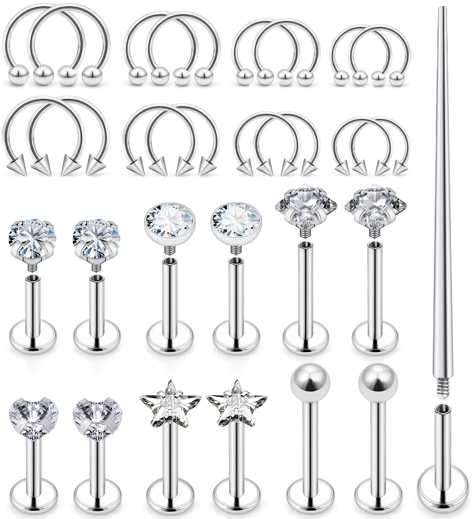 16G Love/Star/Square/Round Shape Clear CZ Labret Monroe Lip Ring Tragus Nail Helix Earring Stud Piercing Jewelry Surgical Stainless Steel Bar 6mm 8mm 10mm
