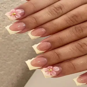 24pcs Short Square False Nails, French Floral Nail Art, Cute Chrome Acrylic Press-On Gel Kit, Nail Art Accessories, Ideal for Daily Use, Dates, Parties