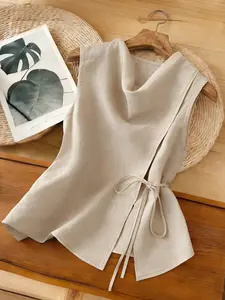 New Summer Asymmetrical Design, Flared Neck, Niche Light Khaki Split Hem, Tie Waist, Sleeveless Women's Vest, Women's Summer Tank Top, Elegant Holiday, Vacation Wear.Front Tie Top Wrap Tops For Women Sleeveless Tops For Women Asymmetrical Tops For Women B