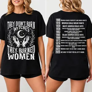 They Didn’t Burn Witches T-Shirt,Gothic Moon Hand Women’s Rights Timeline Crew Neck Tee, Witchy Feminist Oversized Casual Short Sleeve Top, Trendy Activist Protest Cotton Streetwear T-Shirt For Women