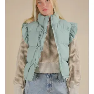 Front Bow Ruffle Sleeve Puffer Vest in Soft Sage Green with Tie Front and Ruffled Sleeves for Women