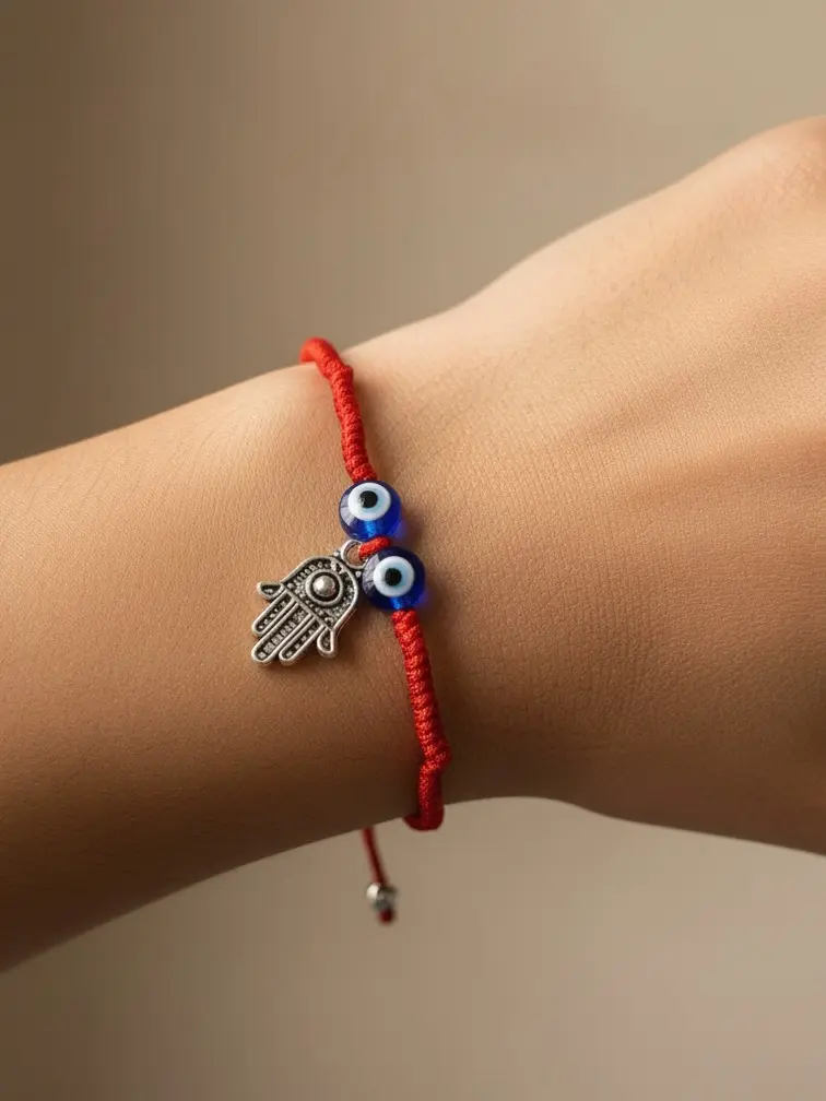 Red Hand Bracelet with Owl Charm, Red Cord, and Decorative Beads