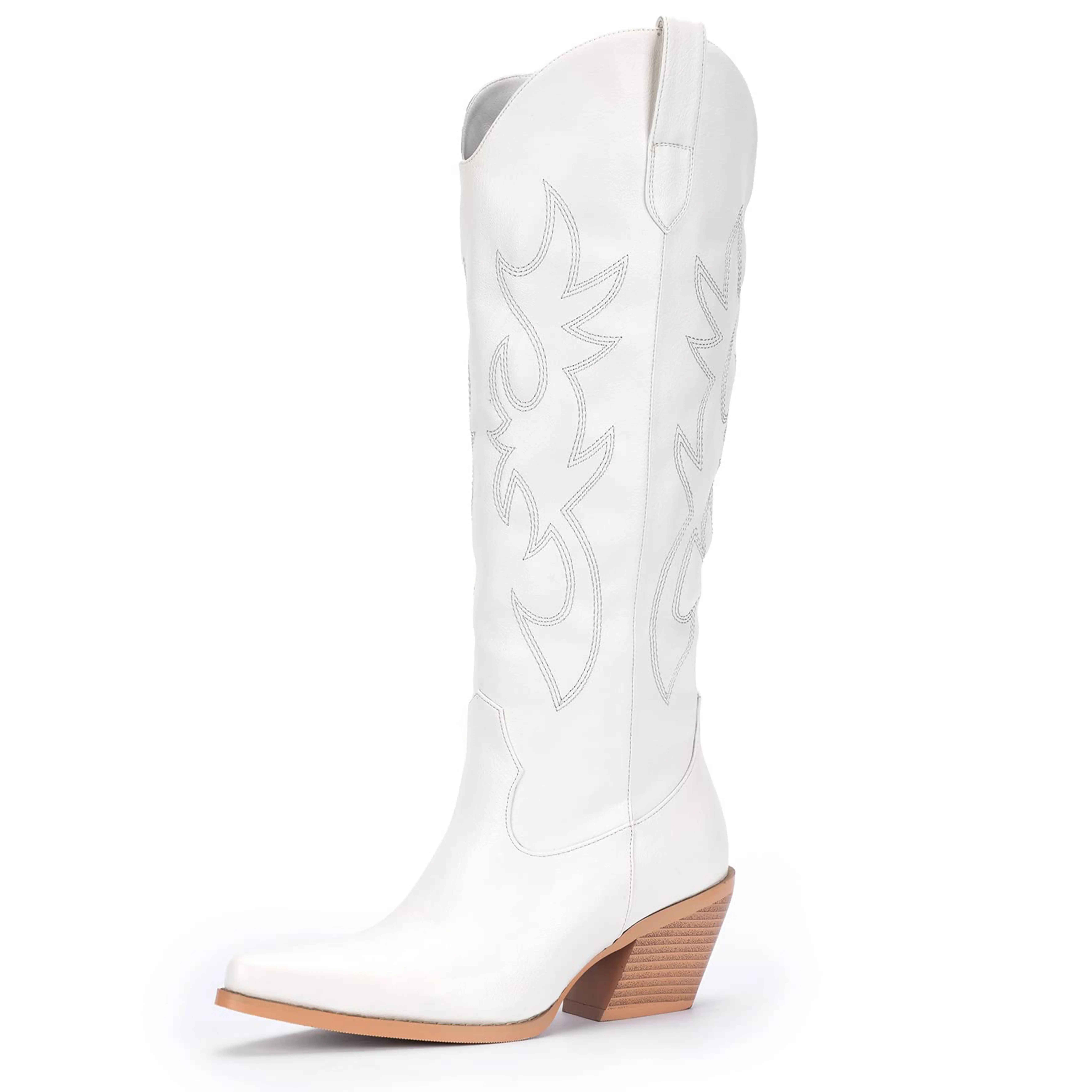 【New Colors】Women's Western Cowboy Boots - Wide Calf Knee-High Cowgirl Boots with Classic Embroidery Slip-On Pointed Toe Chunky Heel Retro Fashion Tall Boots for Festival Concert Outfits White Walking Shoes Footwear tiktokshopspringglowup summervibes,summ