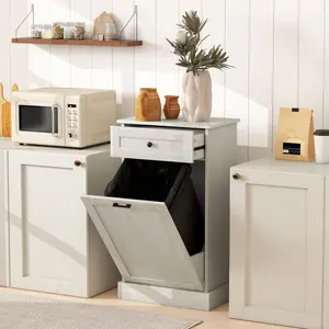 Light Gray Freestanding Kitchen Tilt-Out Trash Bin Cabinet - Hidden Waste Bin Holder with Front Panel, Storage Drawer - Conceals 13-gal Garbage Cans, Saves Floor Space - Ideal for Kitchen, Laundry Room