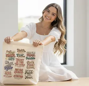 Retro Christian Tote Bag | "Faith Over Fear" Bible Verse Canvas Shopper | Aesthetic Jesus Graphic Bag