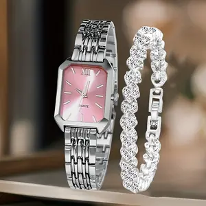 Fashion Luxury Heart Bracelet Set, Royal Style Quartz Watch with Classic Vintage Rectangular Dial, Strap, Perfect Gift